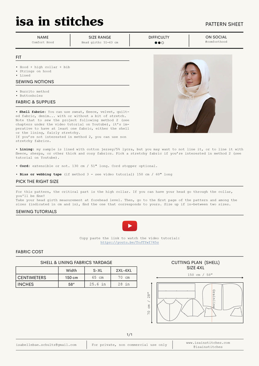 Comfort Hood Balaclava Hat 7 adult sizes PDF sewing pattern