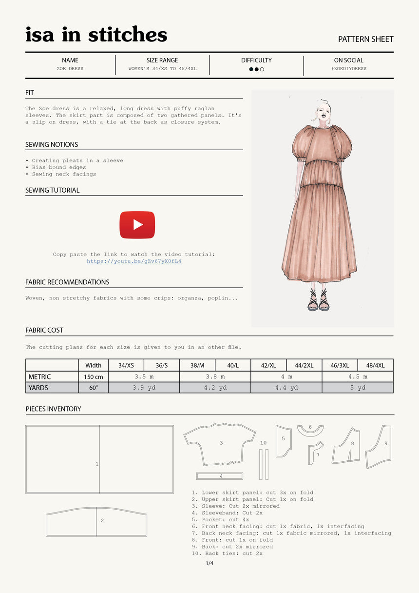 Long Slip On Puff Sleeve Gathered Summer Dress PDF Digital Sewing Pattern